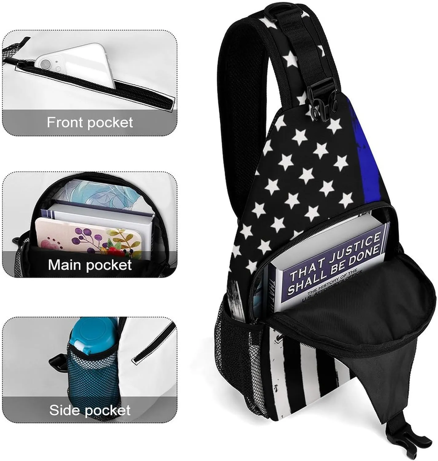 Sling Bag Backpack for Men Women Multipurpose Anti-Theft Satchel Bookbags Travel Rucksack Daypack Bookbag, American Thin Blue Line Flag Police Pattern Black Shoulder Crossbody Bag Chest Pack