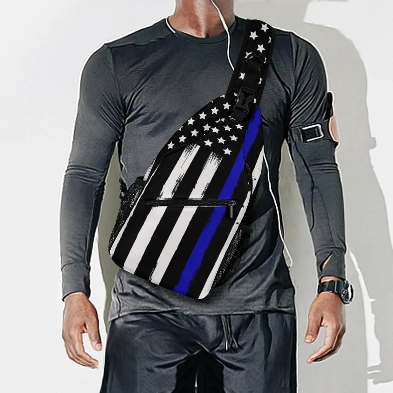 Sling Bag Backpack for Men Women Multipurpose Anti-Theft Satchel Bookbags Travel Rucksack Daypack Bookbag, American Thin Blue Line Flag Police Pattern Black Shoulder Crossbody Bag Chest Pack