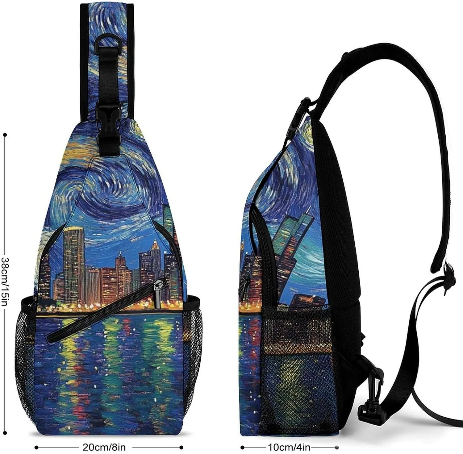 Sling Bag Backpack for Men Women Multipurpose Anti-Theft Satchel Bookbags Travel Rucksack Daypack Bookbag, Chicago City Skyline Night View Starry Sky Painting Shoulder Crossbody Bag Chest Pack