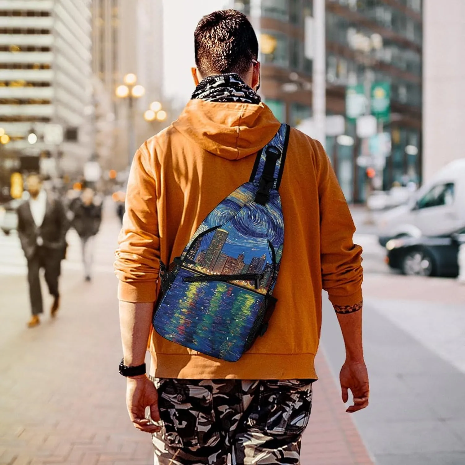 Sling Bag Backpack for Men Women Multipurpose Anti-Theft Satchel Bookbags Travel Rucksack Daypack Bookbag, Chicago City Skyline Night View Starry Sky Painting Shoulder Crossbody Bag Chest Pack