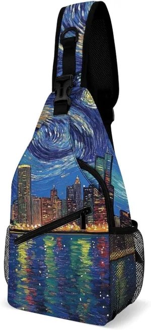 Sling Bag Backpack for Men Women Multipurpose Anti-Theft Satchel Bookbags Travel Rucksack Daypack Bookbag, Chicago City Skyline Night View Starry Sky Painting Shoulder Crossbody Bag Chest Pack