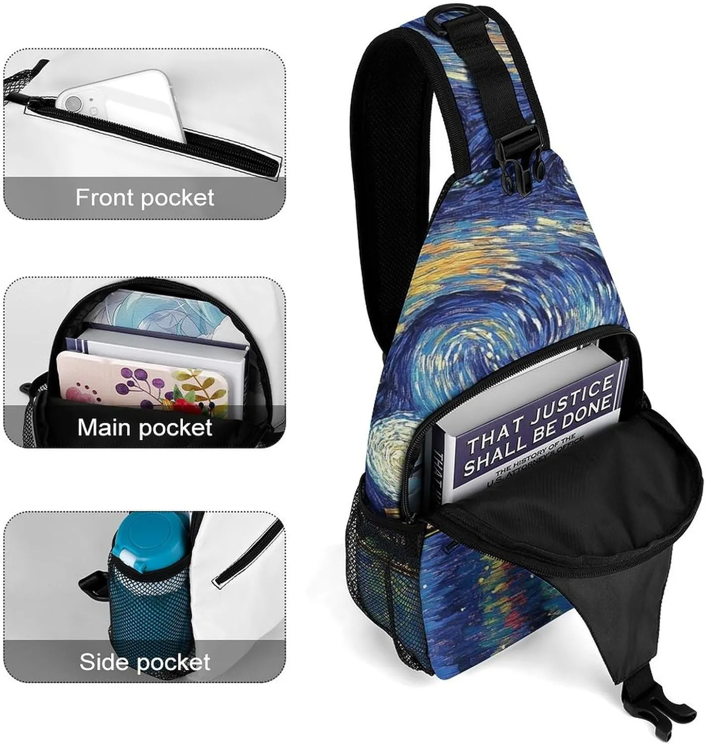 Sling Bag Backpack for Men Women Multipurpose Anti-Theft Satchel Bookbags Travel Rucksack Daypack Bookbag, Chicago City Skyline Night View Starry Sky Painting Shoulder Crossbody Bag Chest Pack
