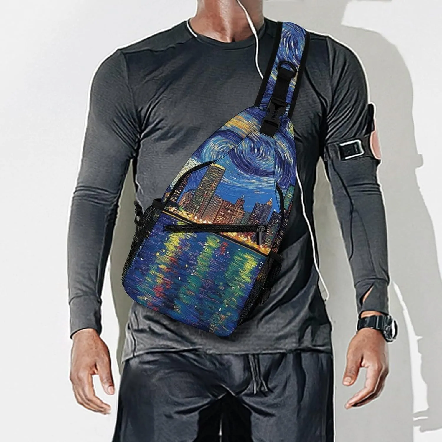 Sling Bag Backpack for Men Women Multipurpose Anti-Theft Satchel Bookbags Travel Rucksack Daypack Bookbag, Chicago City Skyline Night View Starry Sky Painting Shoulder Crossbody Bag Chest Pack