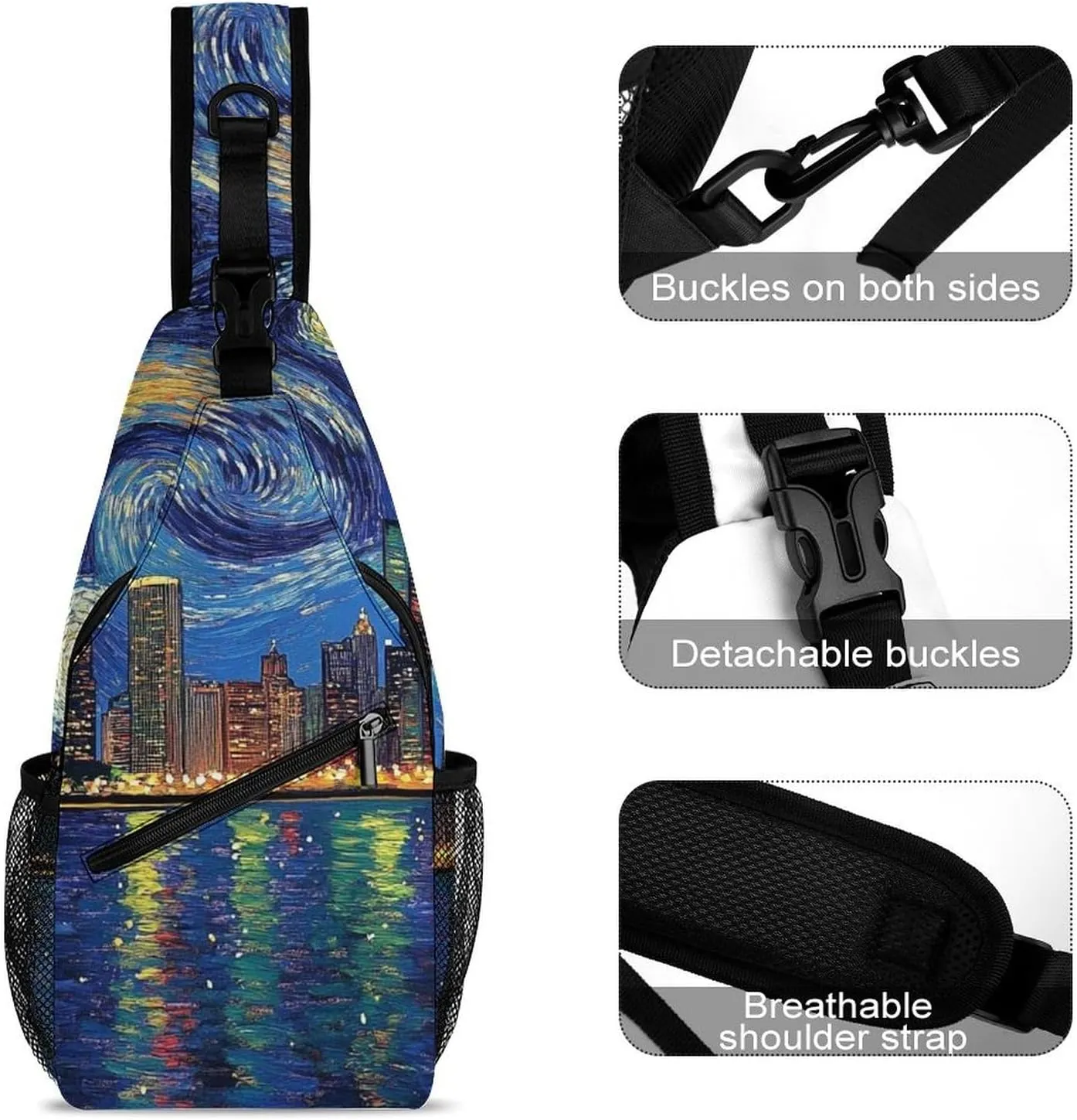 Sling Bag Backpack for Men Women Multipurpose Anti-Theft Satchel Bookbags Travel Rucksack Daypack Bookbag, Chicago City Skyline Night View Starry Sky Painting Shoulder Crossbody Bag Chest Pack