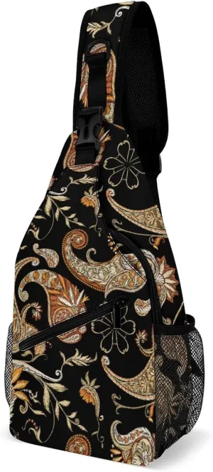 Sling Bag Embroidery Floral Vintage Crossbody Backpack with Anti Theft Damask Style Adjustable Shoulder Bag for Travel,Hiking,Cycling,Camping