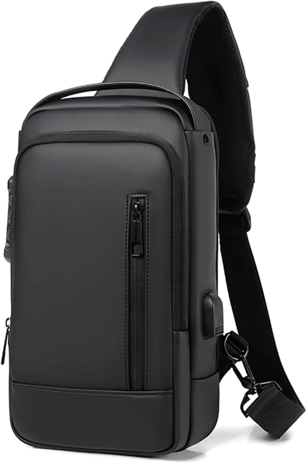 Sling Bag for Men | Anti-theft Crossbody Bag USB PU Leather Shoulder Bag Chest Bag for Daily use Waterproof Lightweight One Strap Backpack, Black