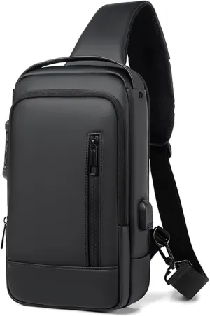 Sling Bag for Men | Anti-theft Crossbody Bag USB PU Leather Shoulder Bag Chest Bag for Daily use Waterproof Lightweight One Strap Backpack, Black