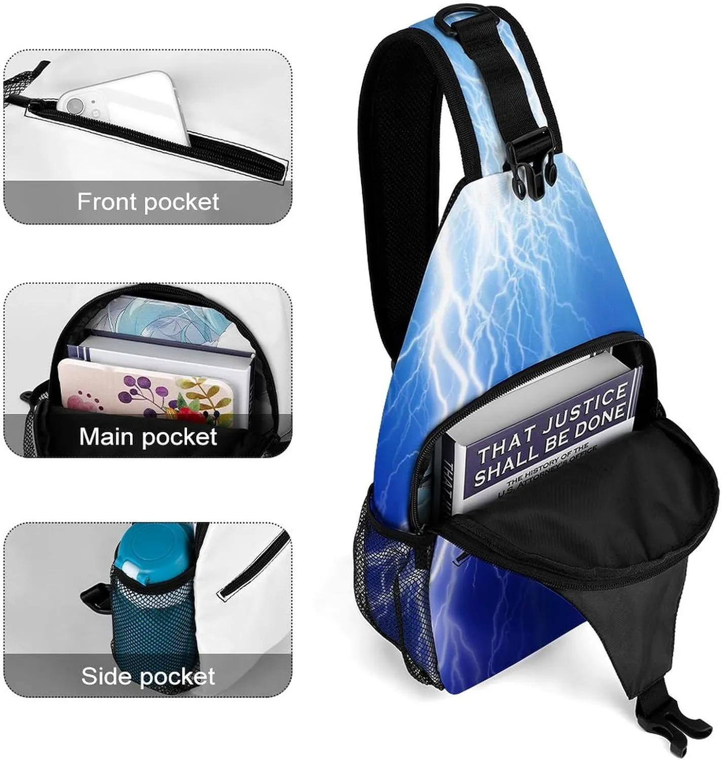 Sling Bag Lightning Bolt Cool Crossbody Shoulder Backpack Blue Flash Shiny Adjustable Lightweight Travel Hiking Chest Bag for Men Women