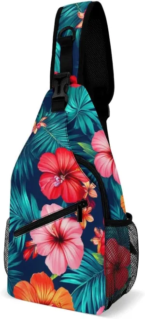Sling Shoulder Backpack for Men Women Anti-Theft Multipurpose Travel Backpack Camping Outdoor Bag, Hawaiian Colorful Flowers Tropical Palm Tree Leaves Crossbody Daypacks Shoulder Packs