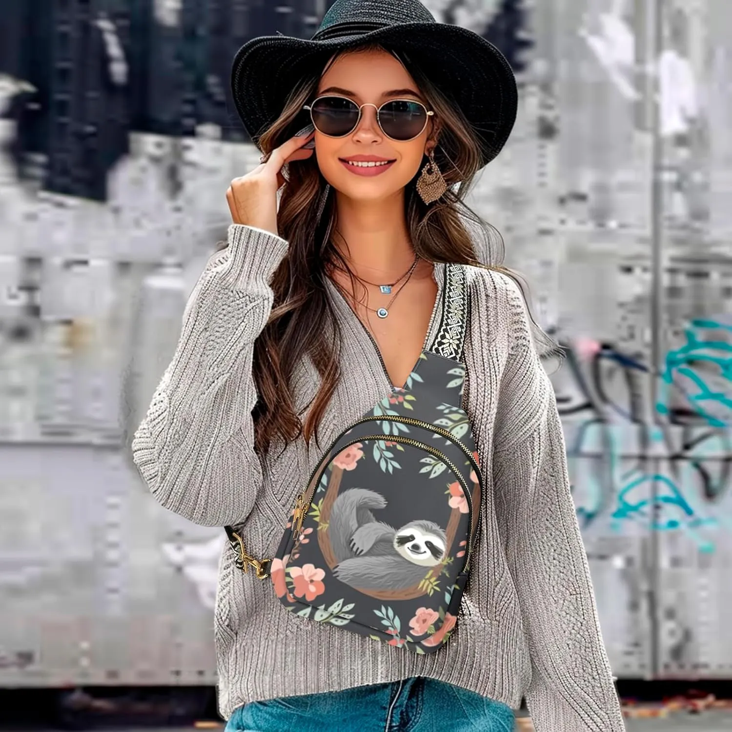 Sloth Leather Sling Bag Small Crossbody Backpack Travel Shoulder Pack Hiking chest Daypack for Women Adjustable Lightweight Outdoor Waterproof Workout