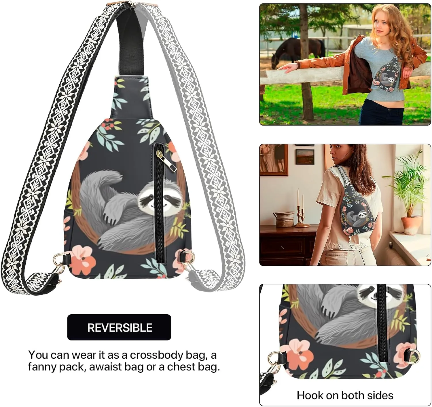 Sloth Leather Sling Bag Small Crossbody Backpack Travel Shoulder Pack Hiking chest Daypack for Women Adjustable Lightweight Outdoor Waterproof Workout