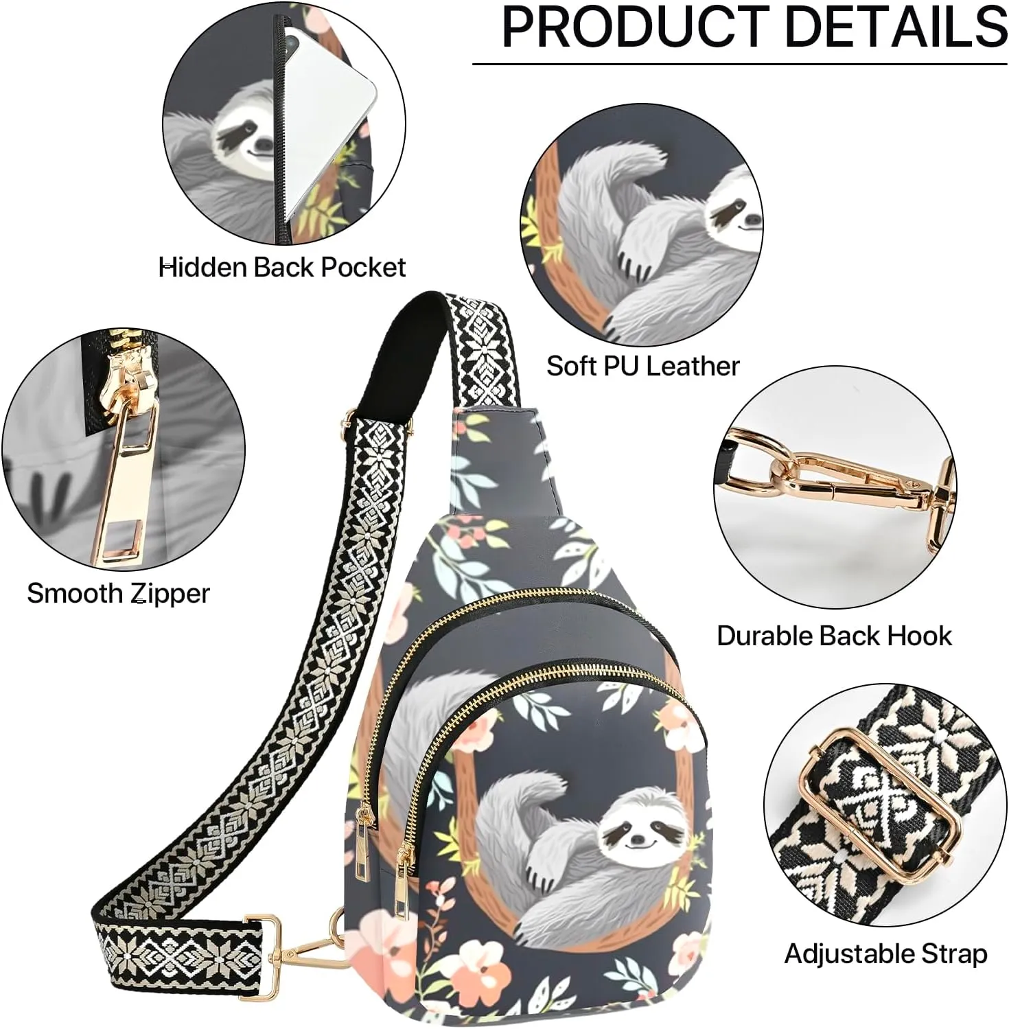 Sloth Leather Sling Bag Small Crossbody Backpack Travel Shoulder Pack Hiking chest Daypack for Women Adjustable Lightweight Outdoor Waterproof Workout