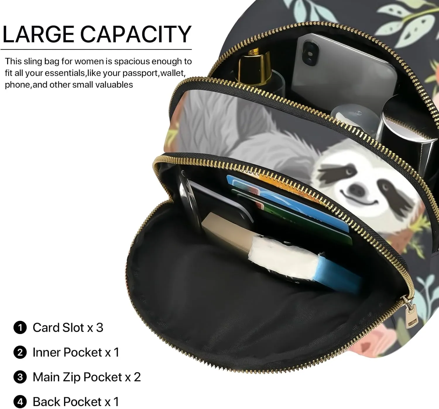 Sloth Leather Sling Bag Small Crossbody Backpack Travel Shoulder Pack Hiking chest Daypack for Women Adjustable Lightweight Outdoor Waterproof Workout