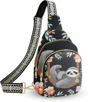Sloth Leather Sling Bag Small Crossbody Backpack Travel Shoulder Pack Hiking chest Daypack for Women Adjustable Lightweight Outdoor Waterproof Workout