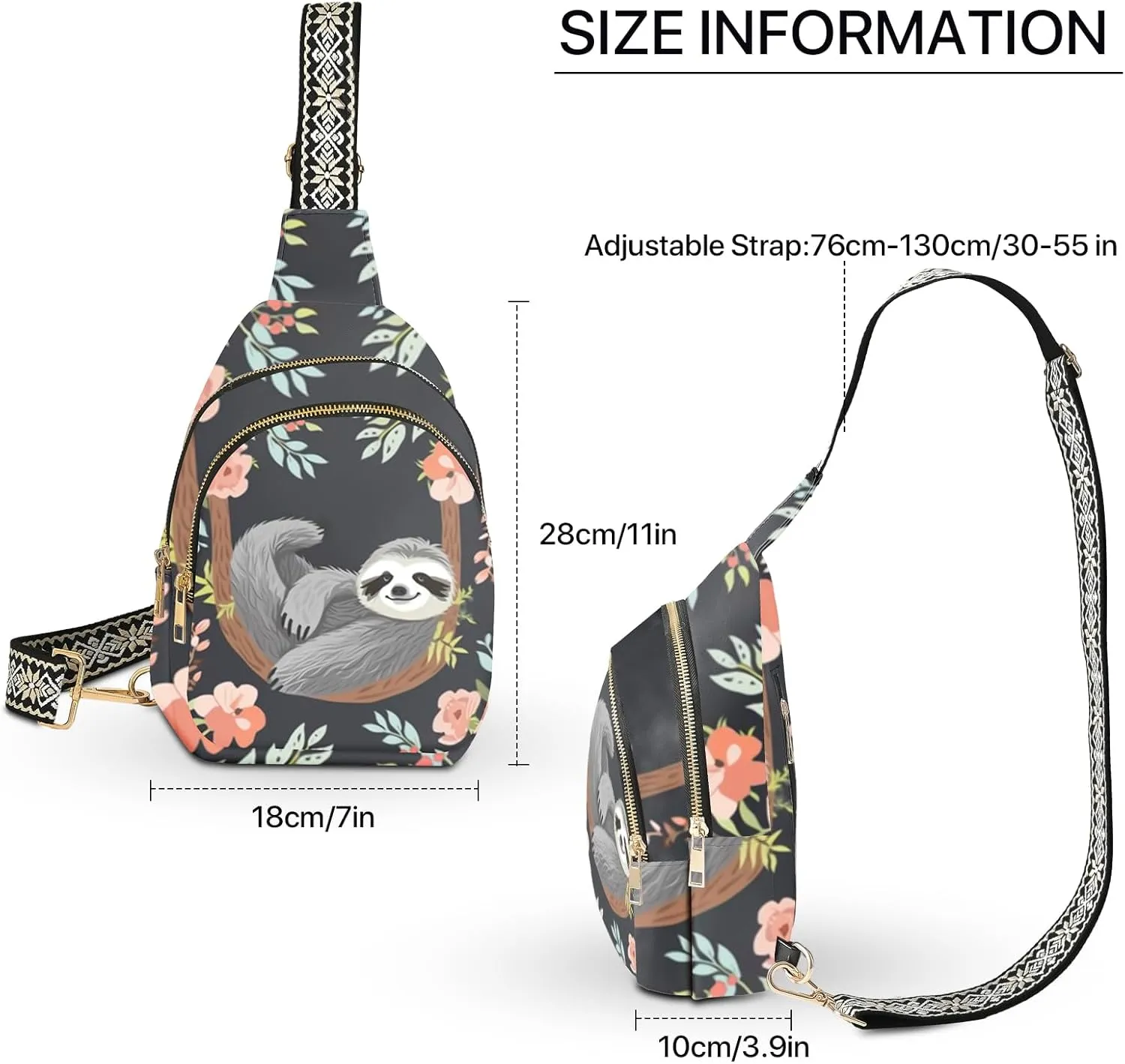 Sloth Leather Sling Bag Small Crossbody Backpack Travel Shoulder Pack Hiking chest Daypack for Women Adjustable Lightweight Outdoor Waterproof Workout