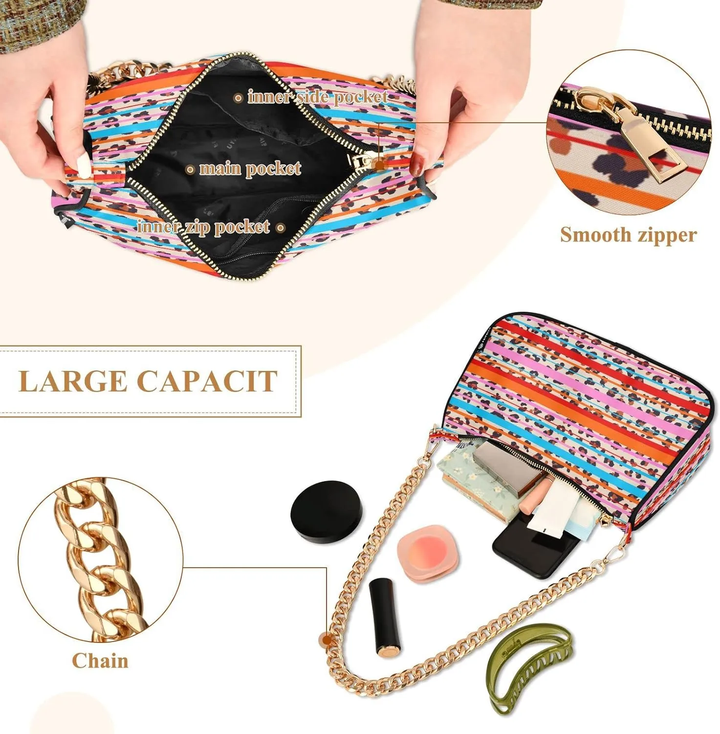 Small Chain Shoulder Bag for Women Travel Hobo Tote Handbag Clutch Purse with Zipper