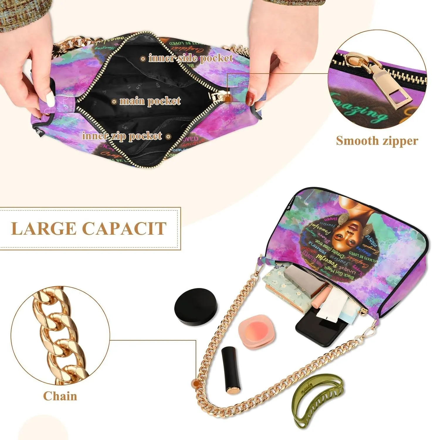Small Chain Shoulder Bag for Women Travel Hobo Tote Handbag Clutch Purse with Zipper