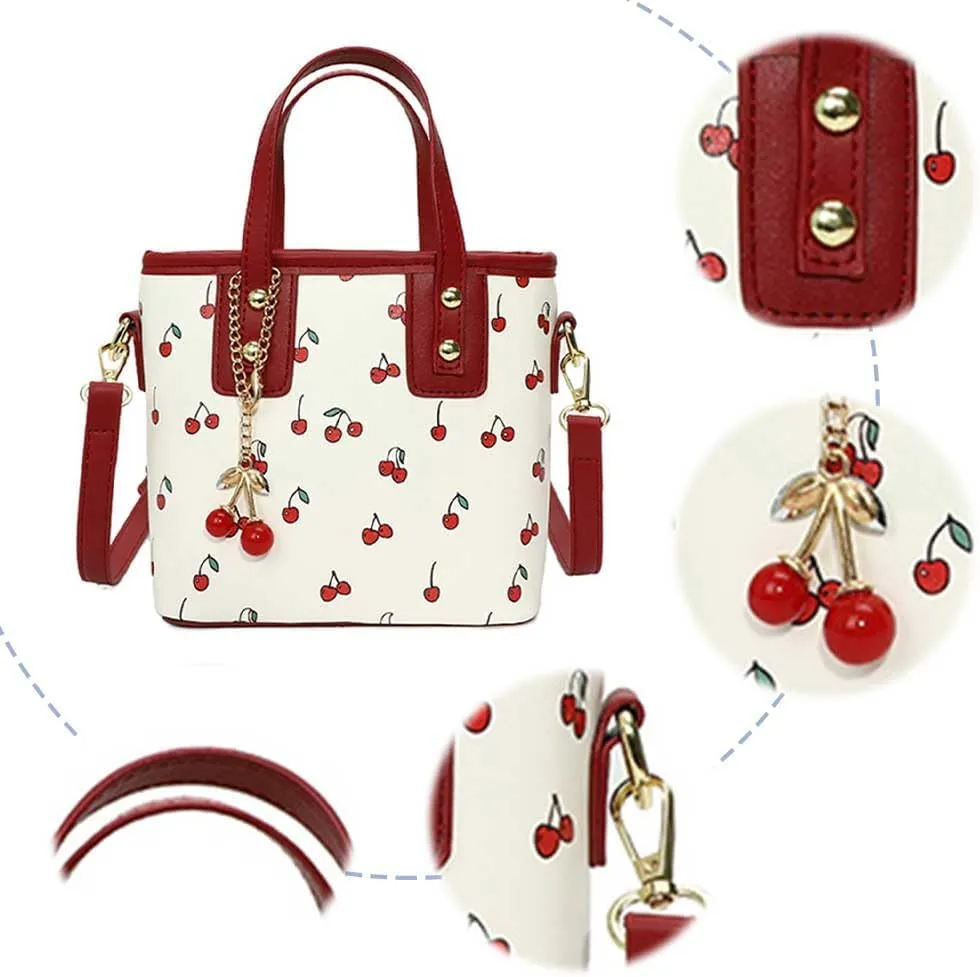 Small Chic Cherry Shoulder Bag Purse for Women PU Leather Cherry Pattern Top-handle Handbag Small Satchel Bag
