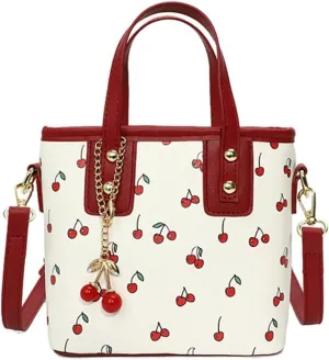 Small Chic Cherry Shoulder Bag Purse for Women PU Leather Cherry Pattern Top-handle Handbag Small Satchel Bag