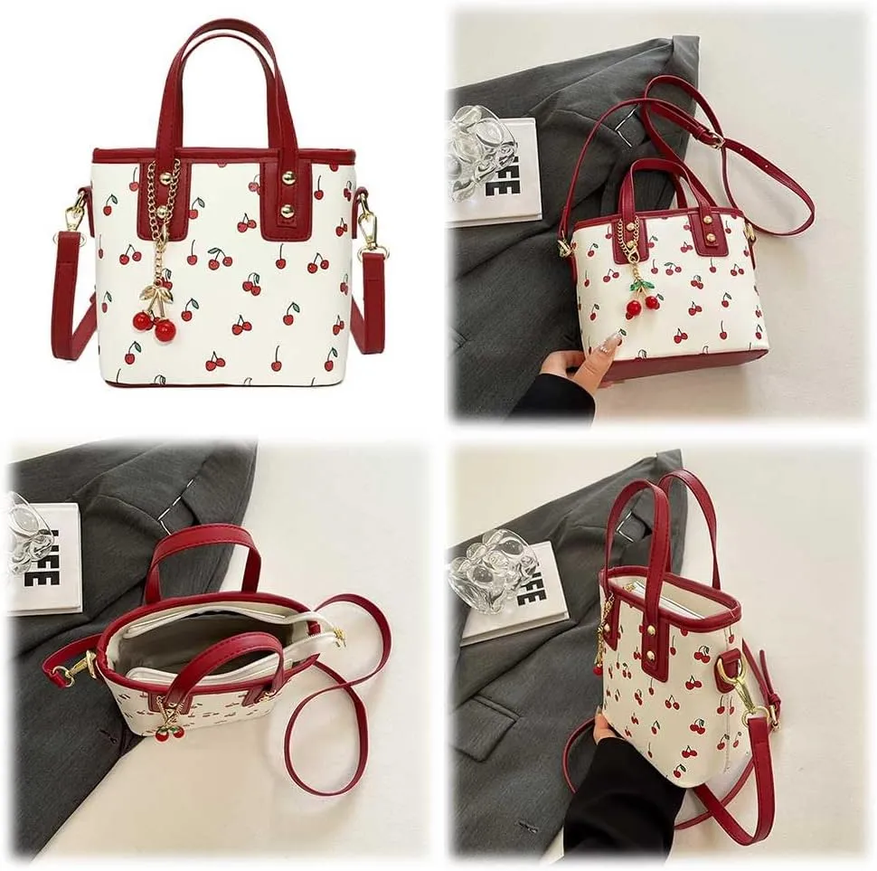 Small Chic Cherry Shoulder Bag Purse for Women PU Leather Cherry Pattern Top-handle Handbag Small Satchel Bag