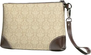 Small Clutch Purses for Women - Damask Beige Tan Brown Leather Wristlet Wallets for Women with Wrist Strap