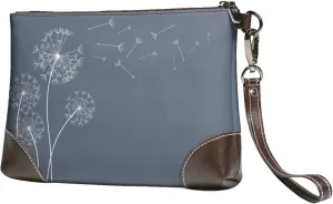 Small Clutch Purses for Women - White Dandelion Leather Wristlet Wallets for Women with Wrist Strap