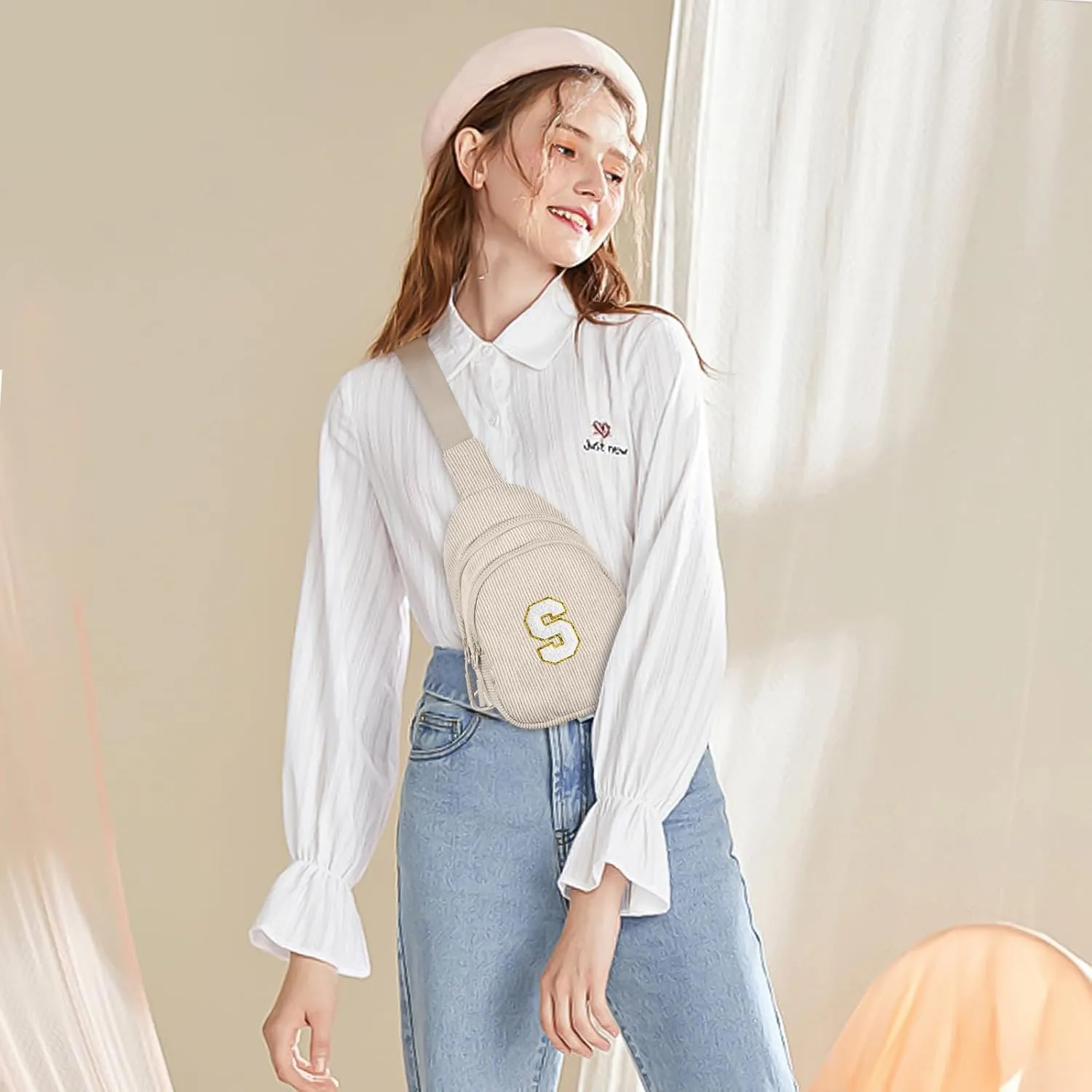 Small Corduroy Sling Bag Initial Crossbody Bag Fanny Pack for Girls Personalized Birthday Gifts for Teen Girls Gifts