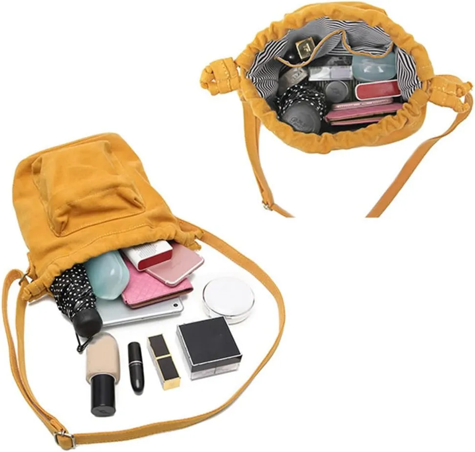Small Crossbody Bag for Women Shoulder Bag Mini Drawstring Bucket Bag Canvas Tote Handbag Cellphone Bag Purse