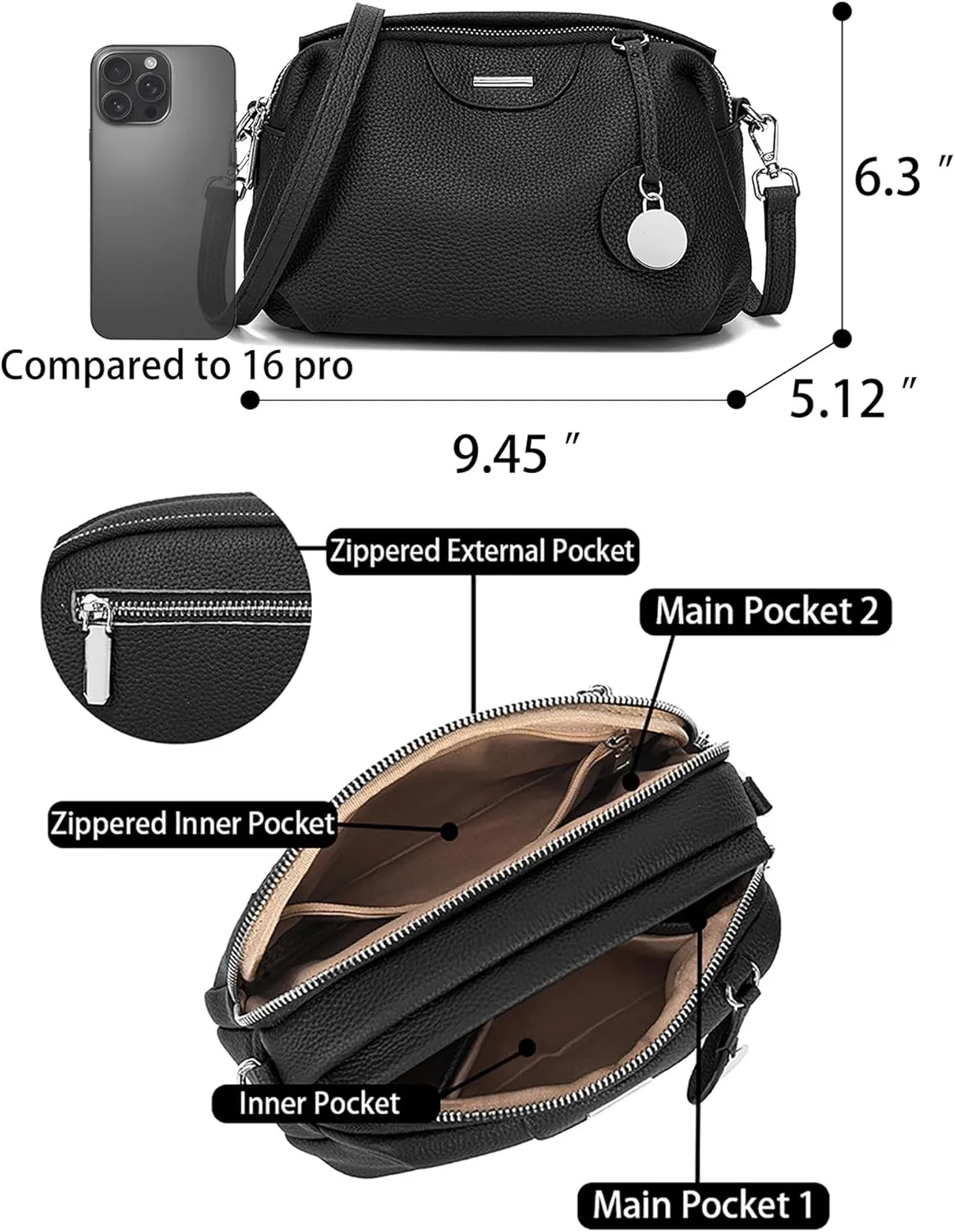 Small Crossbody Bag Genuine Leather for Travel Crossbody Purse for Women Cross Body Bag Real Leather with 2 Shoulder Strap