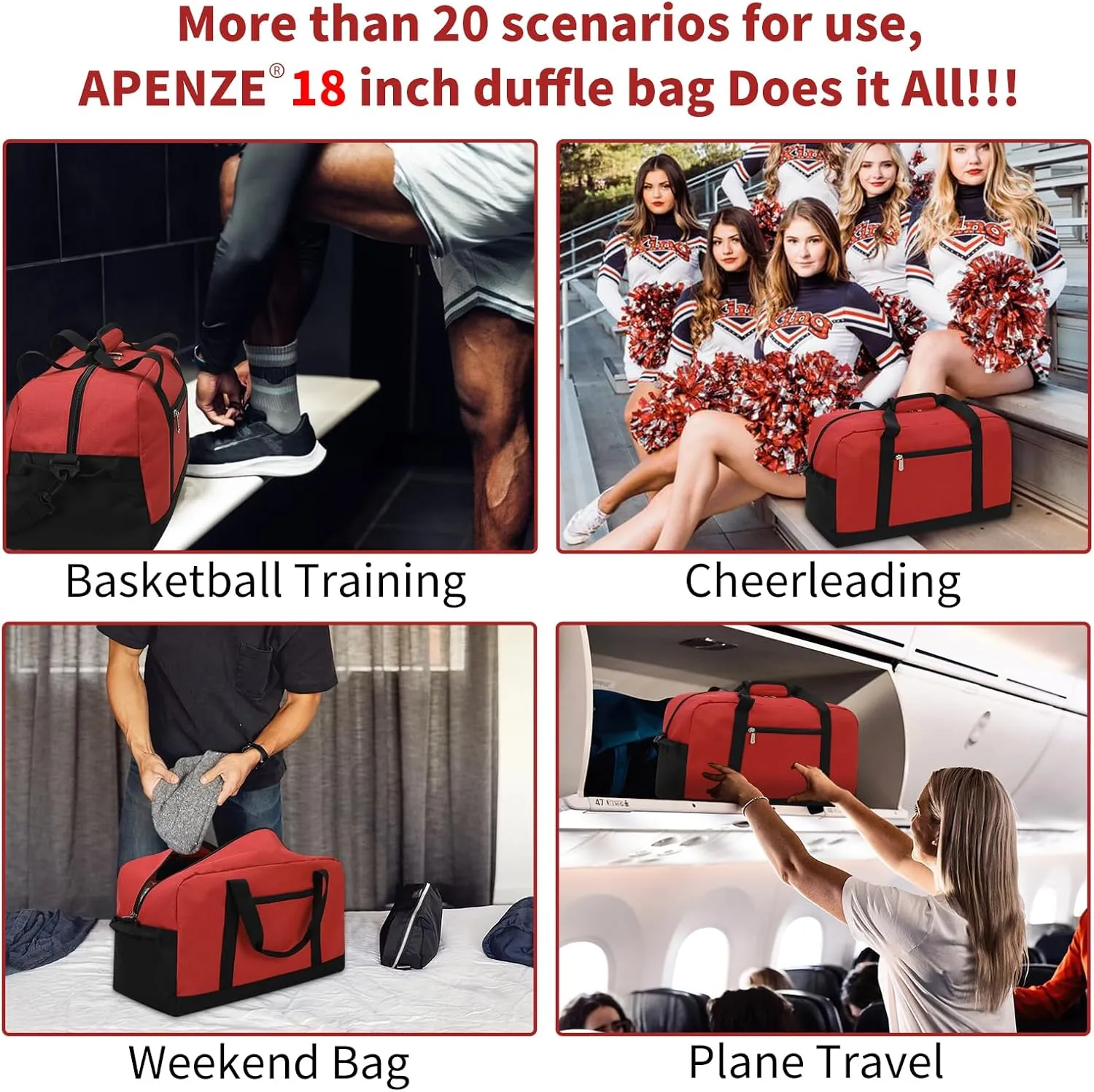 Small Gym Bag 18 inch Carry On Duffel Bag for Weekender Travel - Red