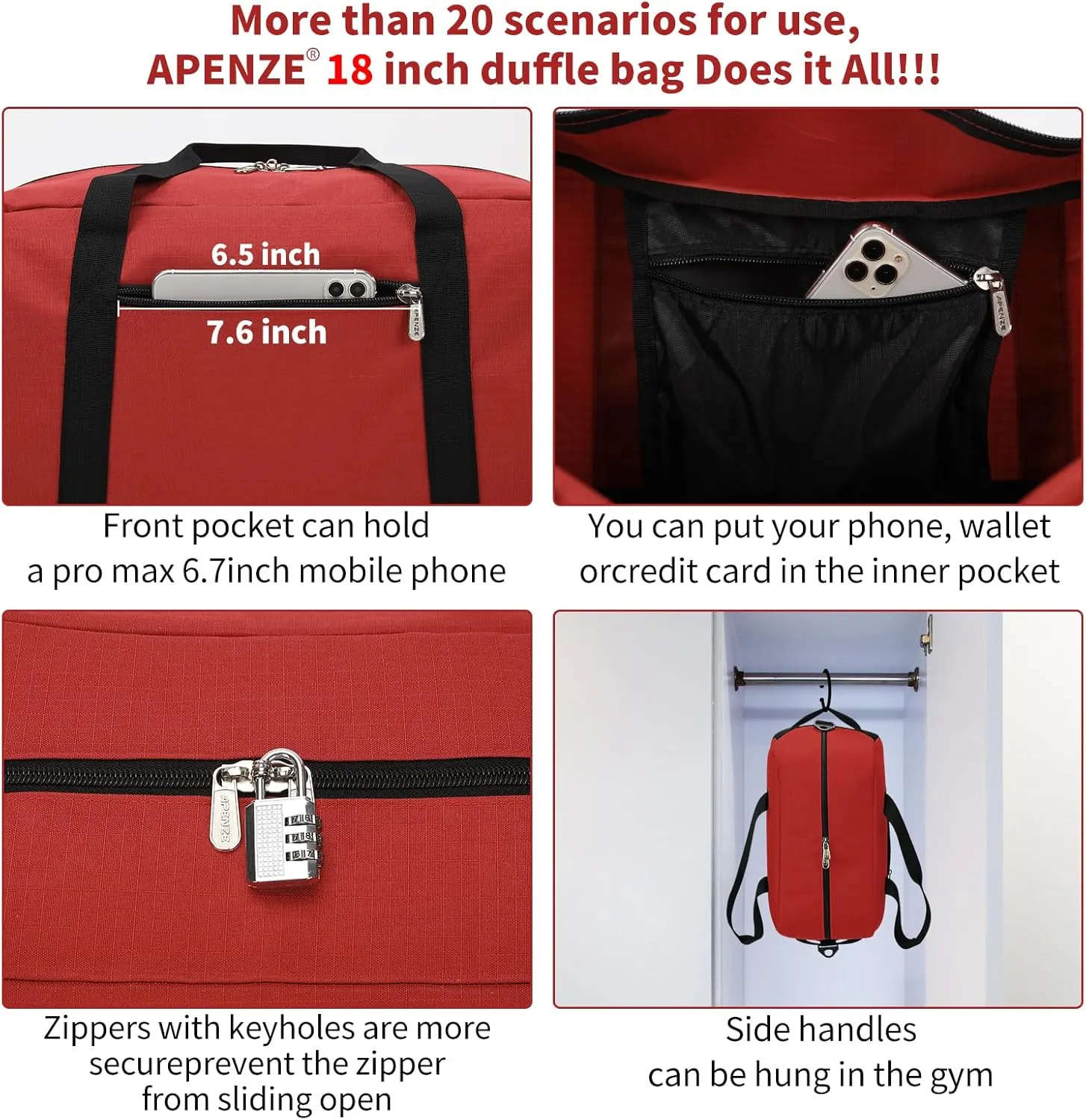 Small Gym Bag 18 inch Carry On Duffel Bag for Weekender Travel - Red