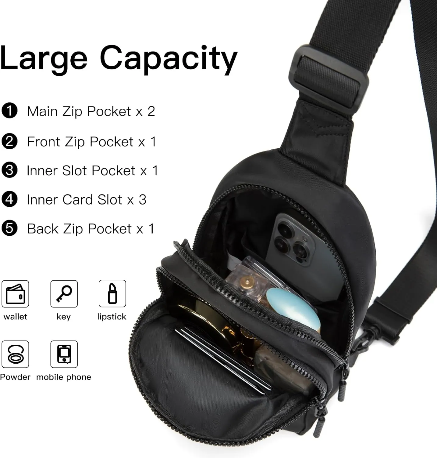 Small Sling Bag Crossbody Bag for Women with 4 Pockets Cross Body Fanny Pack Womens Chest Bag for Outdoors Traveling