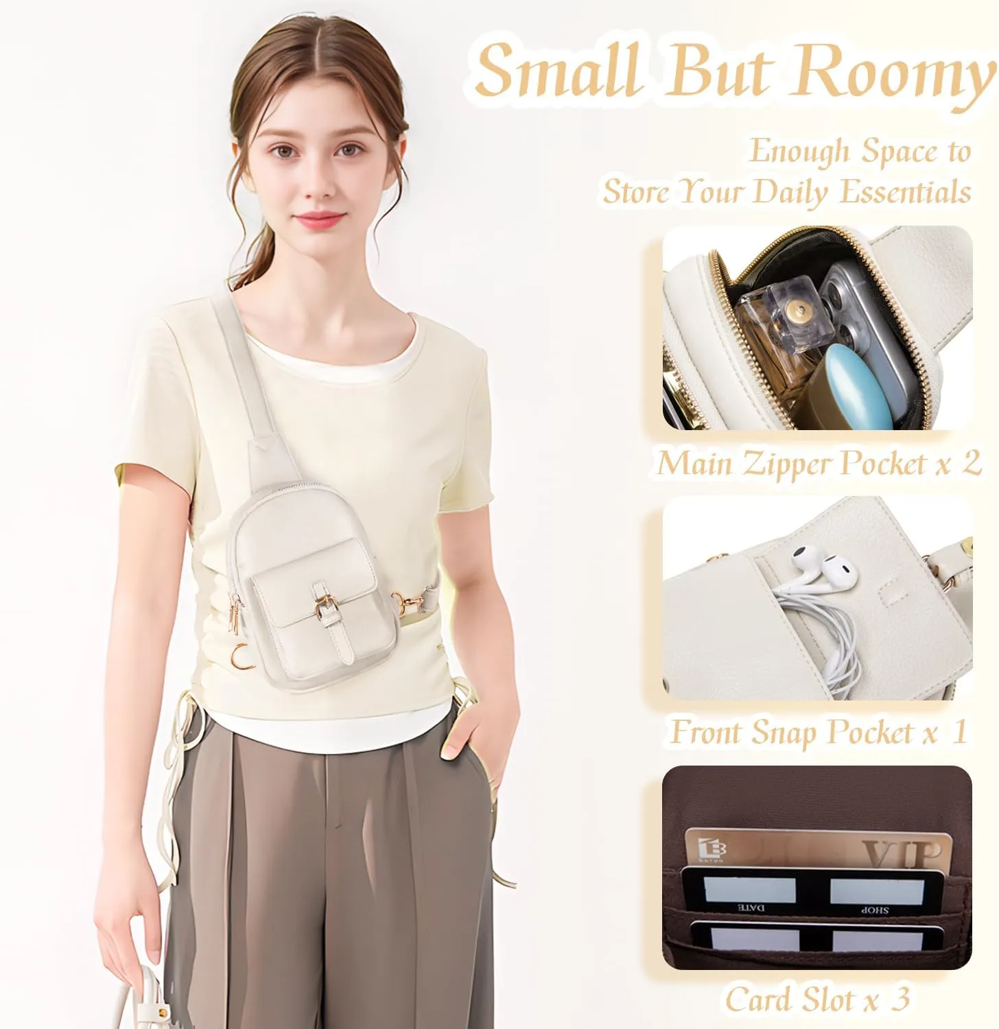 Small Sling Bag Fanny Pack for Girls Vegan Leather 3 Pockets Crossbody Purse for Women Gift for Teen Girls Stuff