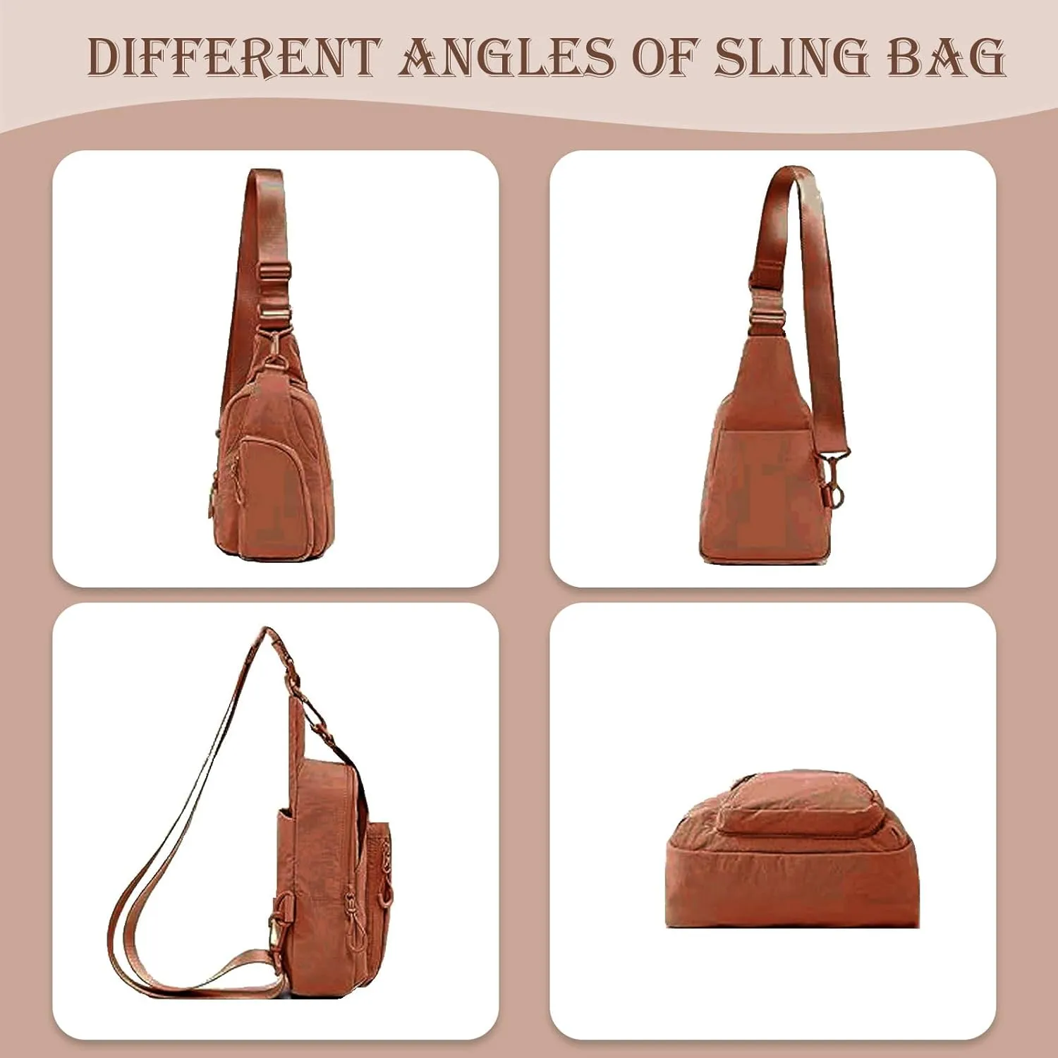 Small Sling Bag for Women Small Crossbody Sling Backpck Lightweight Nylon Chest Bag for Daily Casual Travel Hiking with Adjustable Straps, Caramel