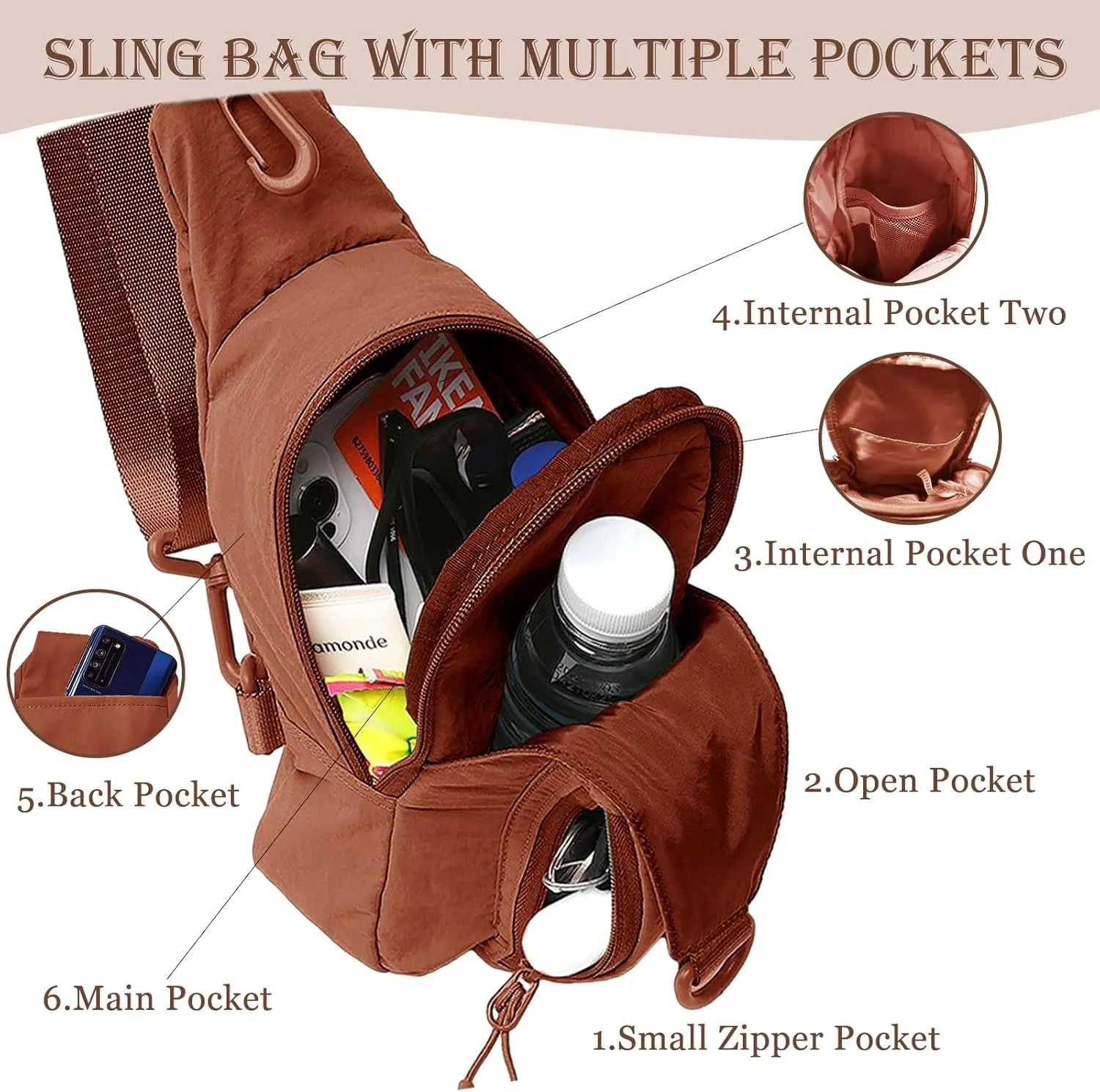 Small Sling Bag for Women Small Crossbody Sling Backpck Lightweight Nylon Chest Bag for Daily Casual Travel Hiking with Adjustable Straps, Caramel