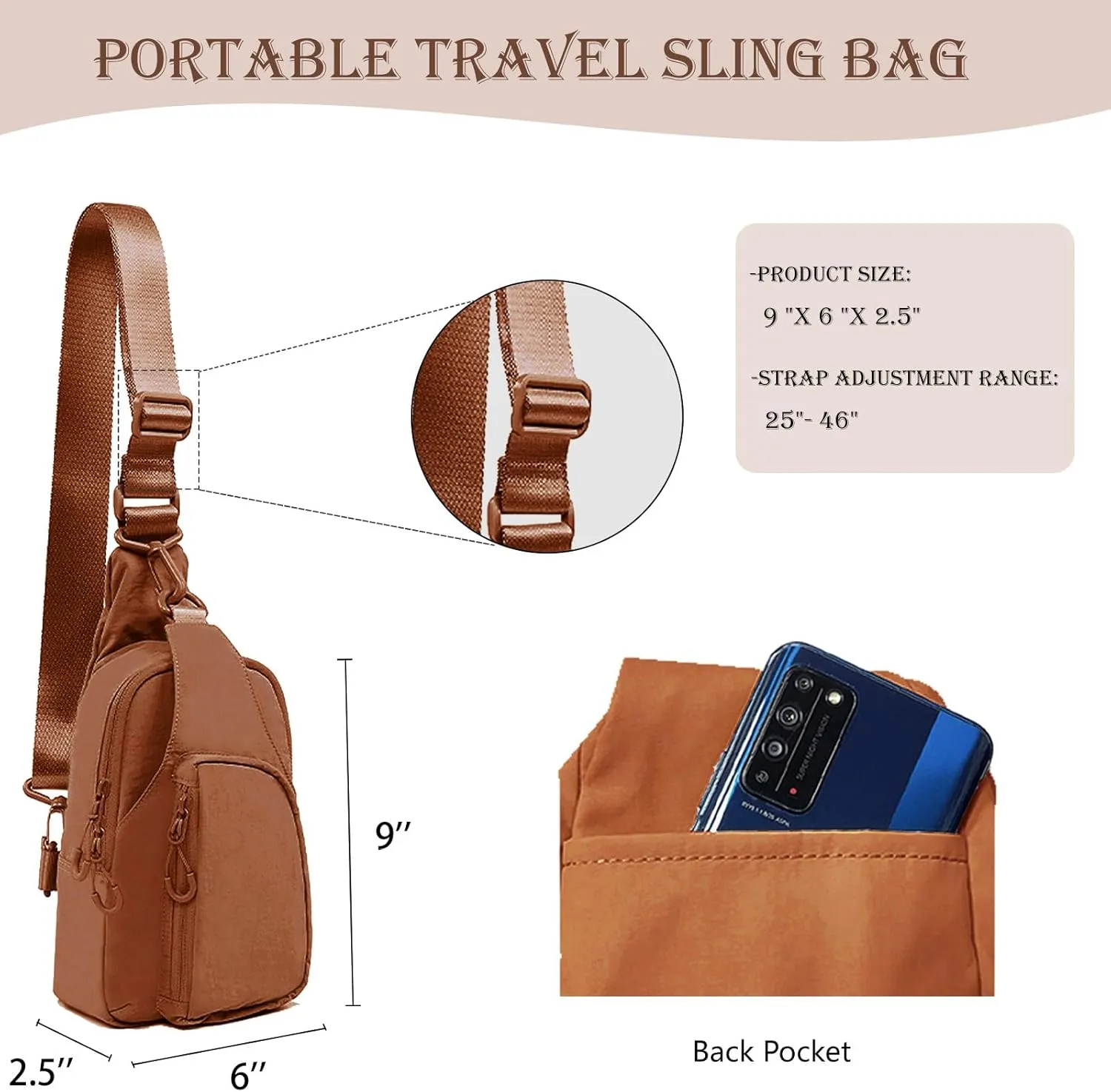Small Sling Bag for Women Small Crossbody Sling Backpck Lightweight Nylon Chest Bag for Daily Casual Travel Hiking with Adjustable Straps, Caramel