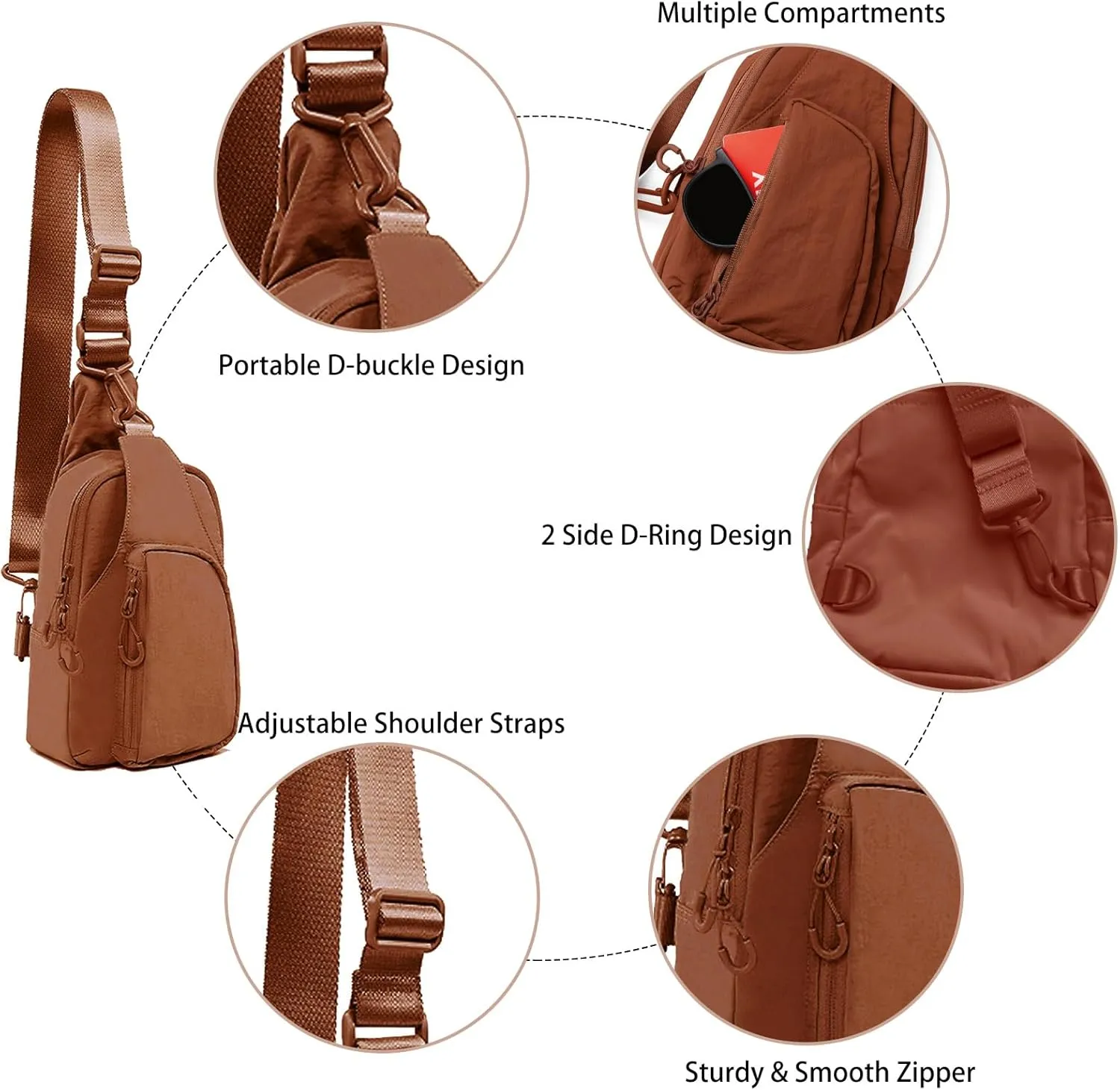 Small Sling Bag for Women Small Crossbody Sling Backpck Lightweight Nylon Chest Bag for Daily Casual Travel Hiking with Adjustable Straps, Caramel