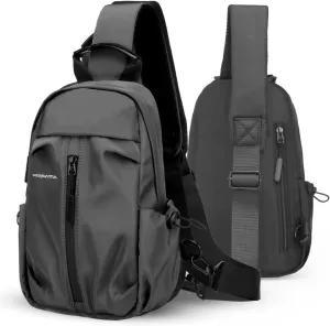 Small Sling crossbody backpack,Adjustable Mini Backpack for Men Women lightweight one strap sling bag for Hiking Walking Biking Travel USB charger port Grey-Nylon