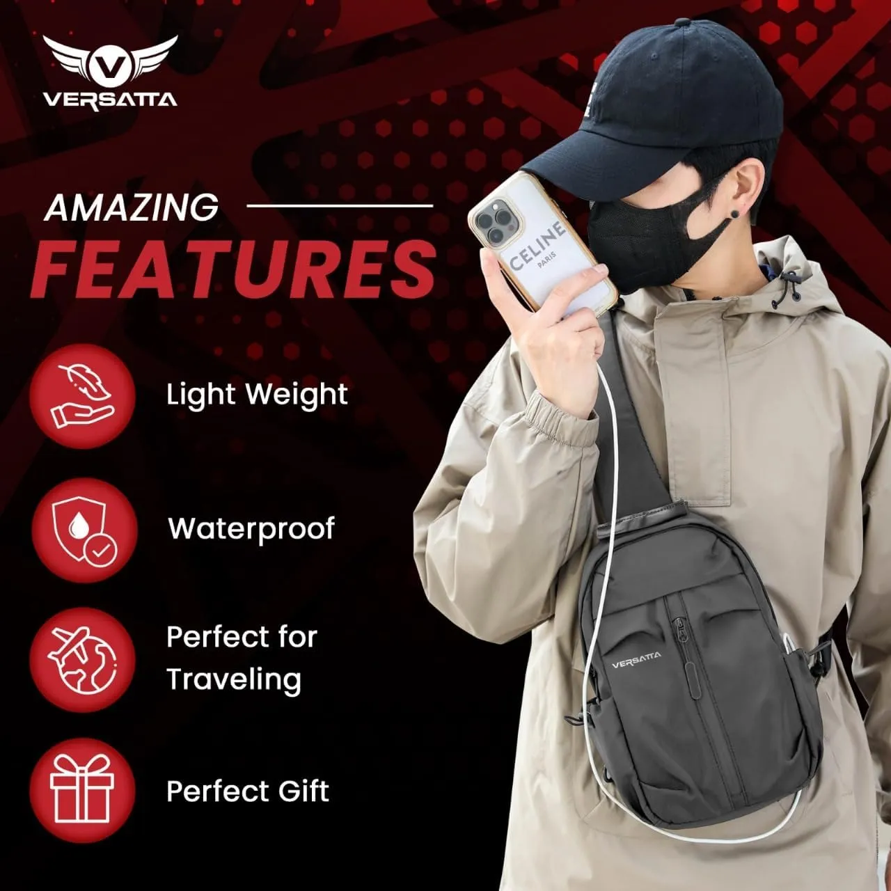Small Sling crossbody backpack,Adjustable Mini Backpack for Men Women lightweight one strap sling bag for Hiking Walking Biking Travel USB charger port Grey-Nylon