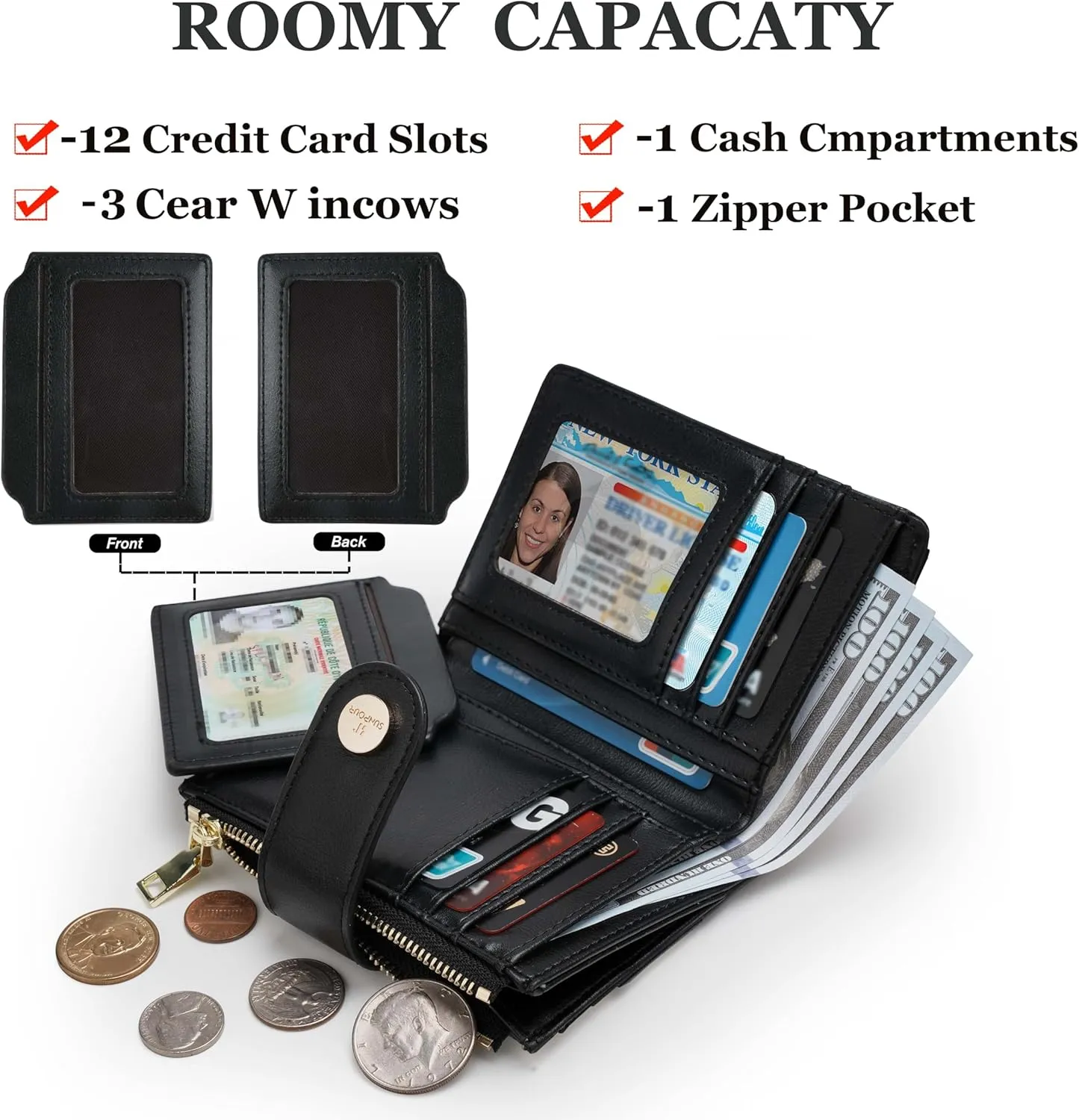 Small Wallet for Women Leather Bifold RFID Blocking Card Holder Wallet Compact Card Wallet Woman with Zipper Coin Pocket (Quilted, Black)