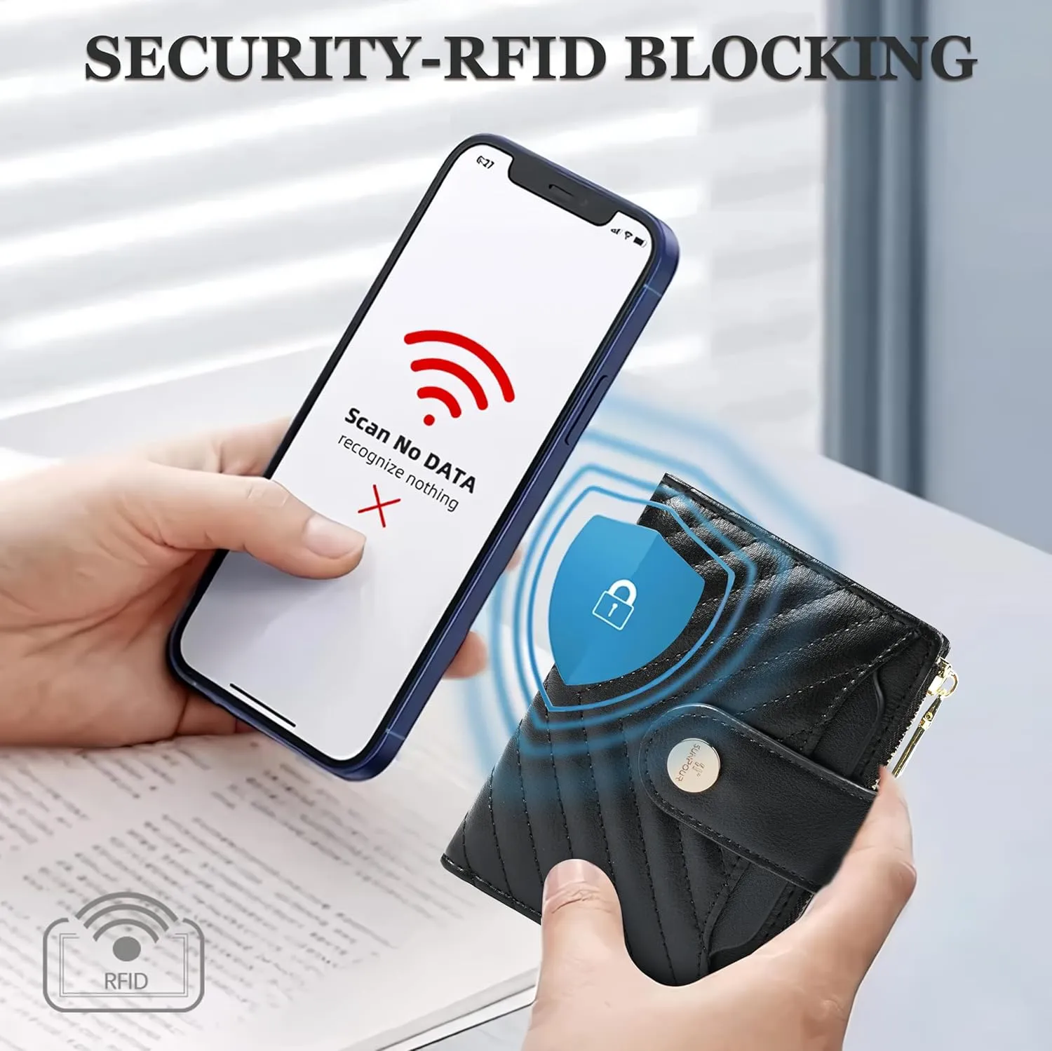 Small Wallet for Women Leather Bifold RFID Blocking Card Holder Wallet Compact Card Wallet Woman with Zipper Coin Pocket (Quilted, Black)