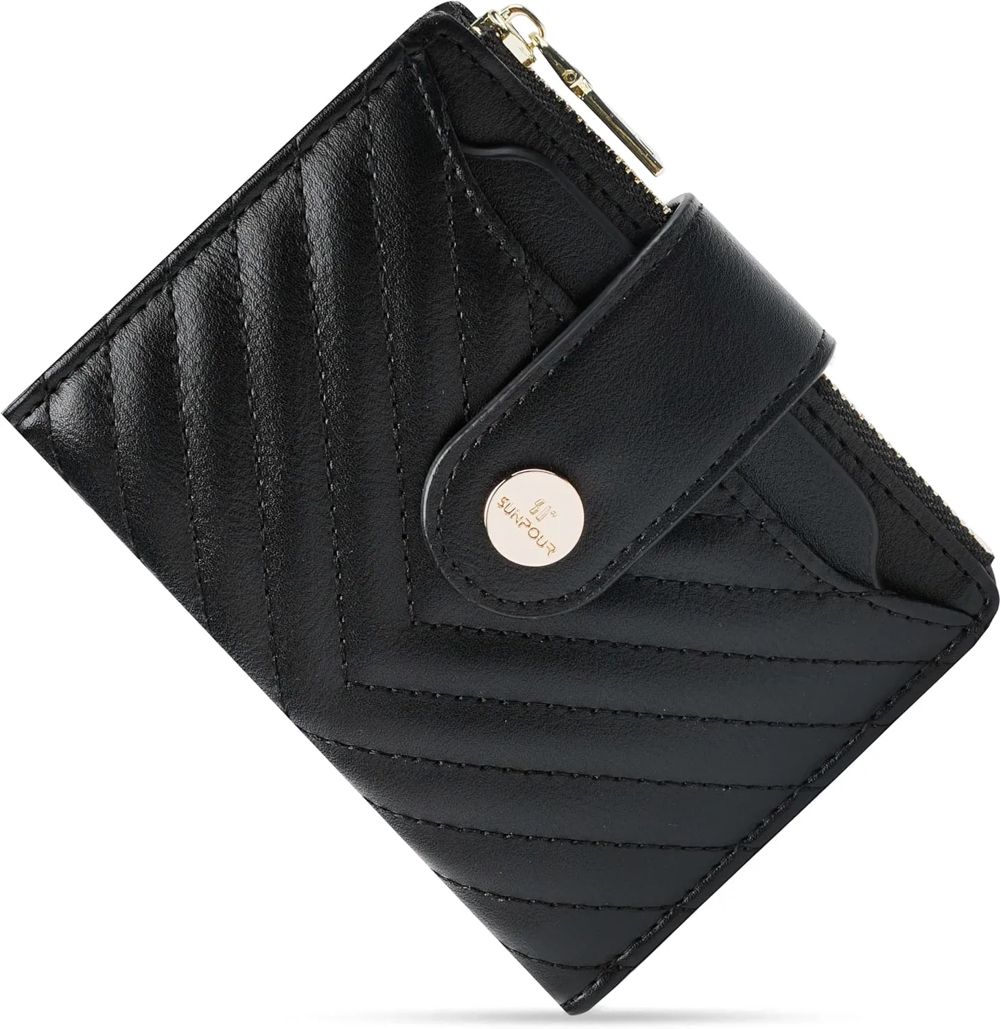 Small Wallet for Women Leather Bifold RFID Blocking Card Holder Wallet Compact Card Wallet Woman with Zipper Coin Pocket (Quilted, Black)