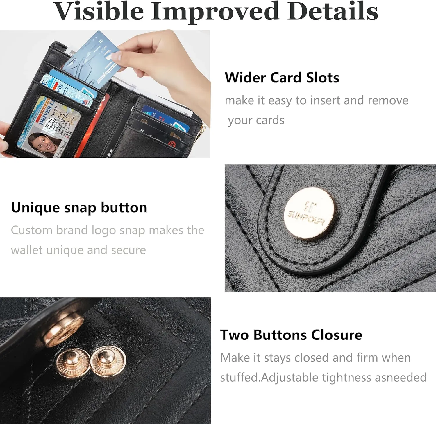 Small Wallet for Women Leather Bifold RFID Blocking Card Holder Wallet Compact Card Wallet Woman with Zipper Coin Pocket (Quilted, Black)