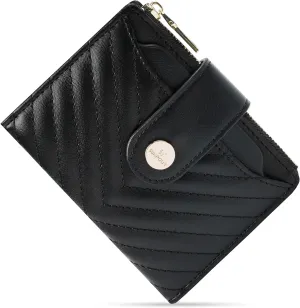 Small Wallet for Women Leather Bifold RFID Blocking Card Holder Wallet Compact Card Wallet Woman with Zipper Coin Pocket (Quilted, Black)