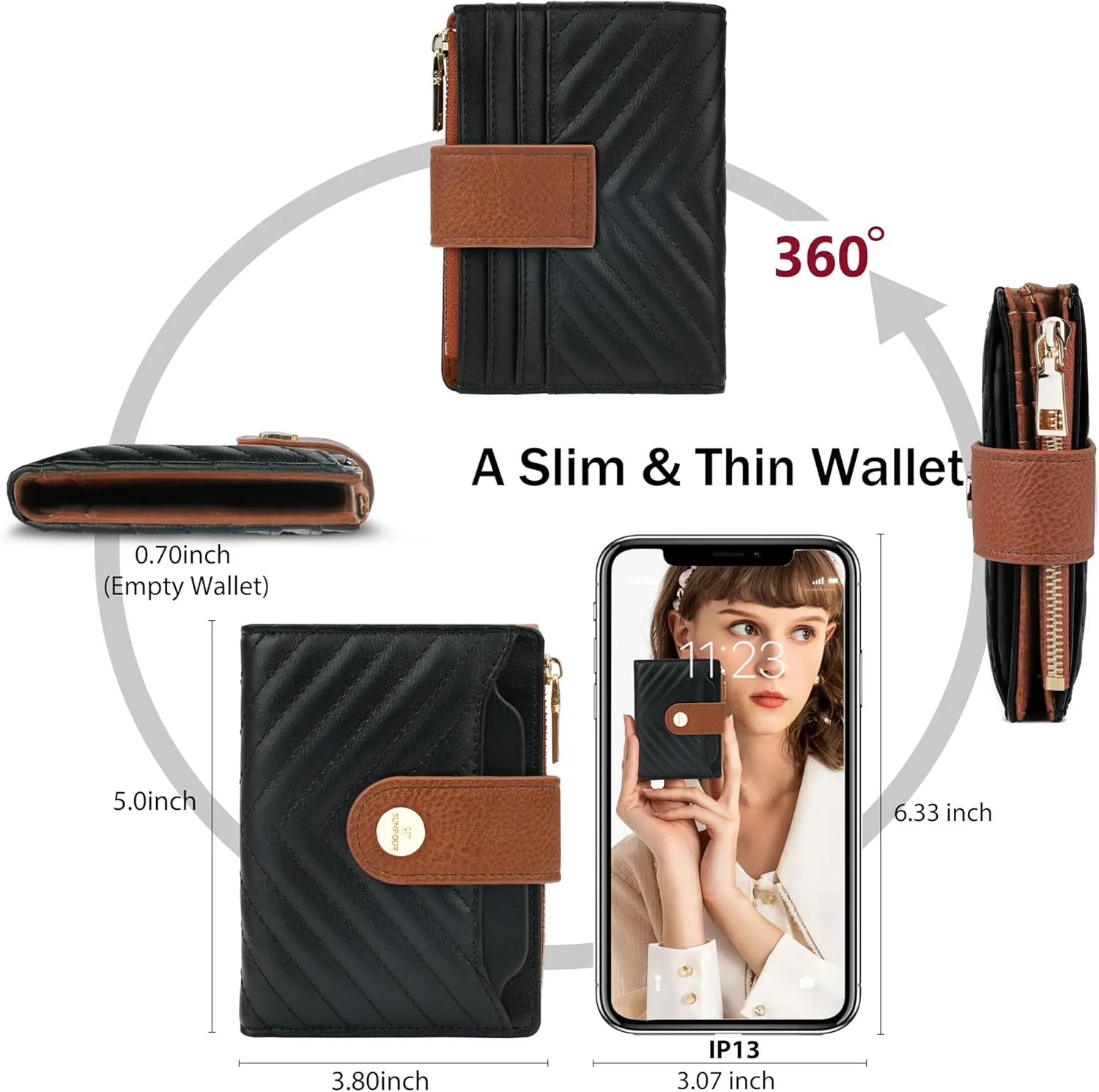 Small Wallet for Women Leather Bifold RFID Blocking Card Holder Wallet Compact Card Wallet Woman with Zipper Coin Pocket (Quilted, Black＆Brown)
