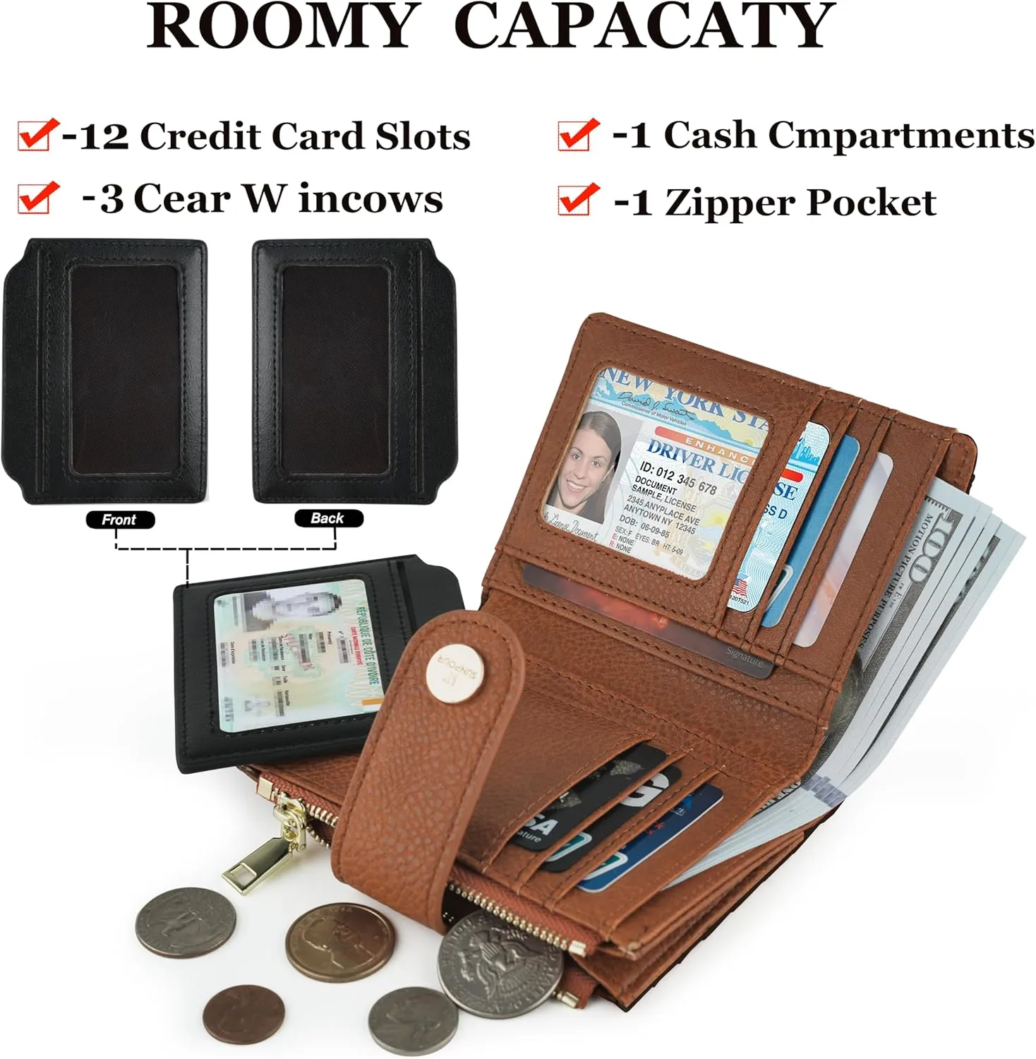 Small Wallet for Women Leather Bifold RFID Blocking Card Holder Wallet Compact Card Wallet Woman with Zipper Coin Pocket (Quilted, Black＆Brown)