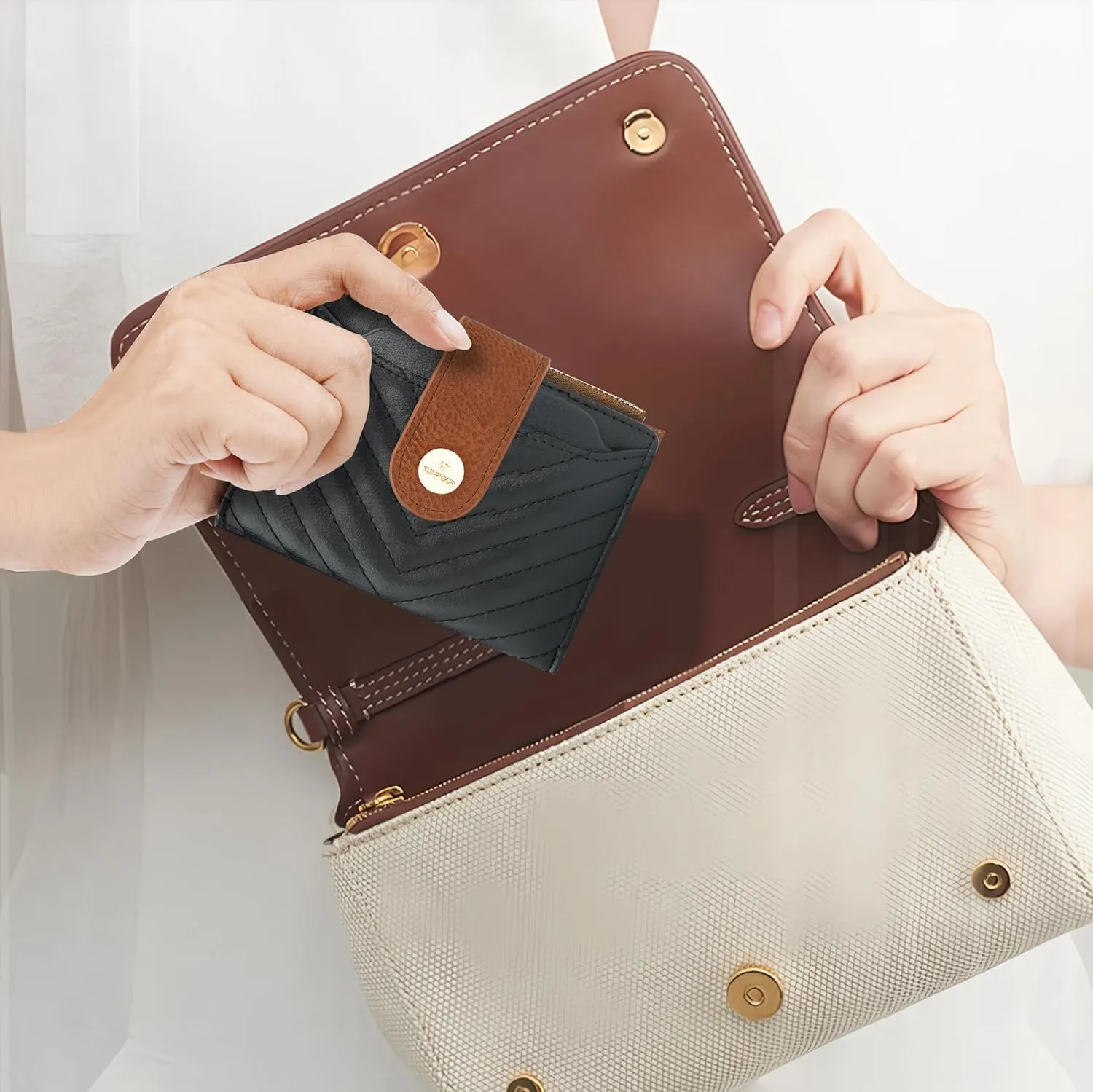 Small Wallet for Women Leather Bifold RFID Blocking Card Holder Wallet Compact Card Wallet Woman with Zipper Coin Pocket (Quilted, Black＆Brown)