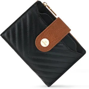 Small Wallet for Women Leather Bifold RFID Blocking Card Holder Wallet Compact Card Wallet Woman with Zipper Coin Pocket (Quilted, Black＆Brown)