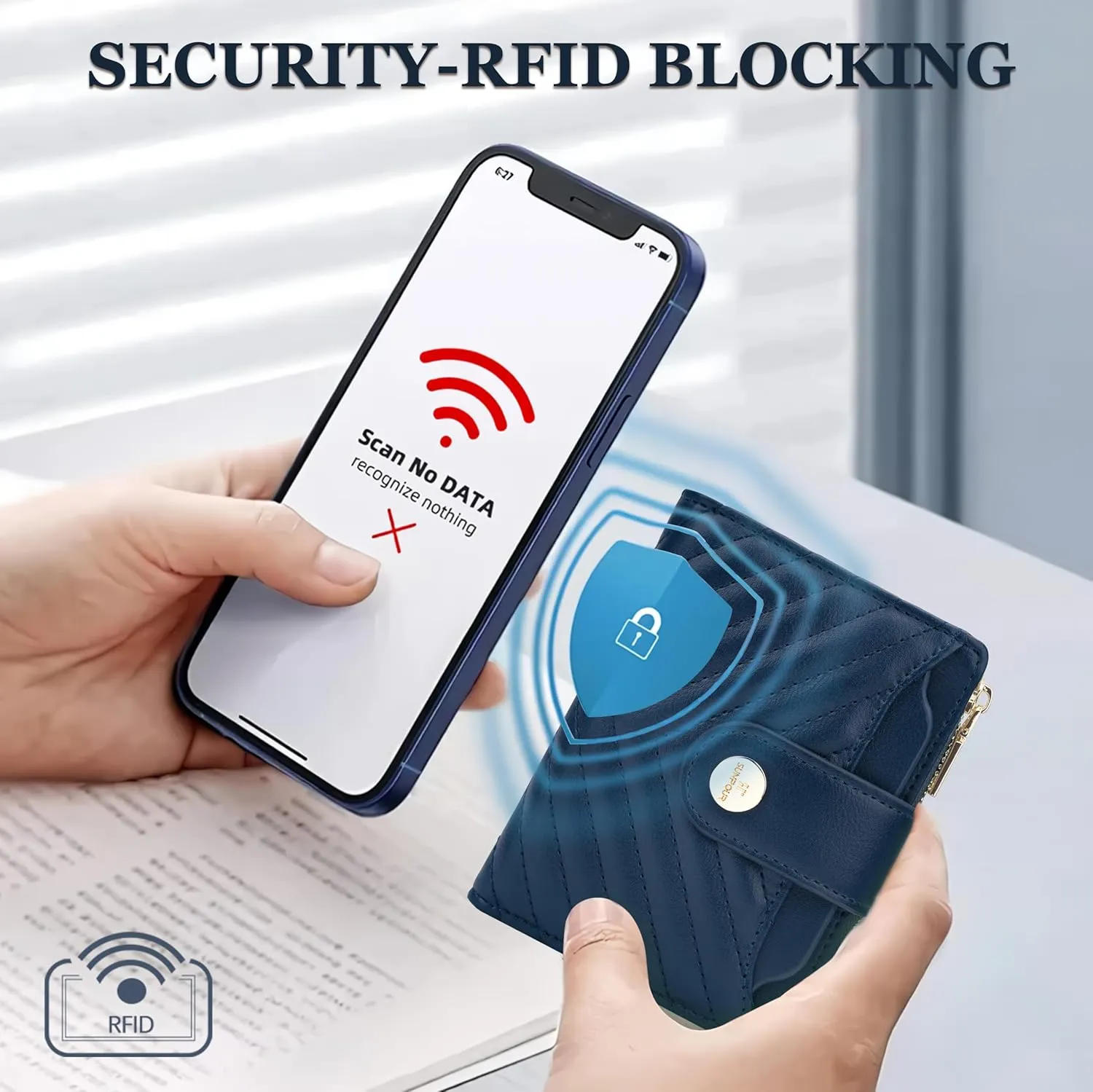 Small Wallet for Women Leather Bifold RFID Blocking Card Holder Wallet Compact Card Wallet Woman with Zipper Coin Pocket (Quilted, Navy Blue)