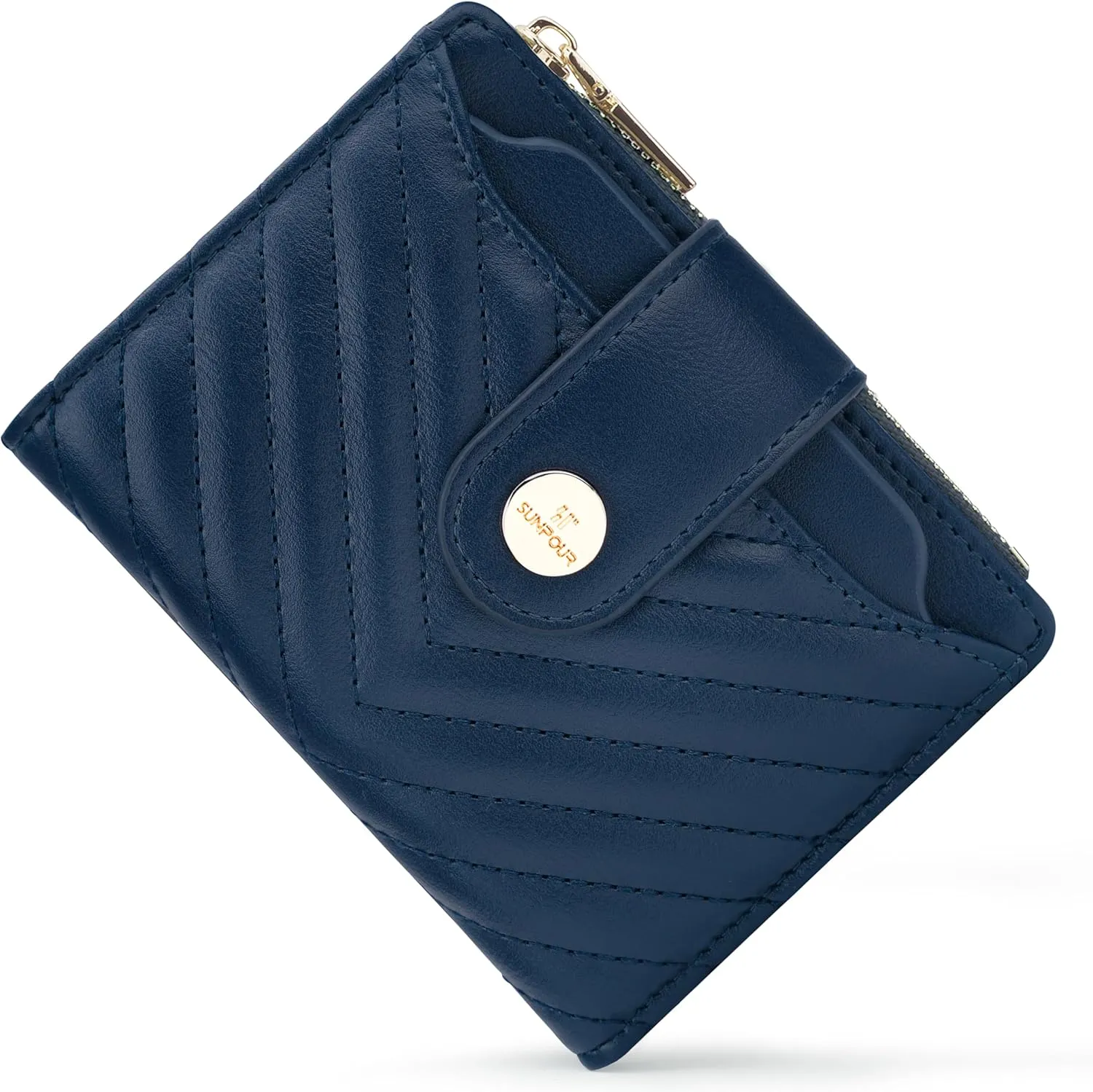 Small Wallet for Women Leather Bifold RFID Blocking Card Holder Wallet Compact Card Wallet Woman with Zipper Coin Pocket (Quilted, Navy Blue)
